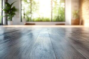 A serene interior view featuring beautifully polished wooden flooring and large windows letting in natural light. photo