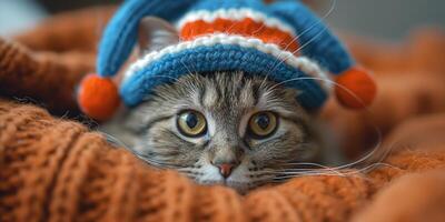 A playful tabby cat wearing a colorful knitted hat, nestled on a cozy blanket, radiating warmth and charm. photo
