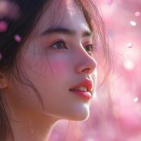 A young Asian woman gazes thoughtfully amidst a blur of pink petals, capturing a moment of serenity and beauty. photo