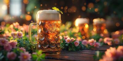 A refreshing glass of beer adorned with a clover, surrounded by vibrant flowers in a cozy outdoor setting. photo