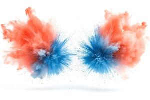 Vivid explosion of red and blue powder creating a stunning visual contrast against a white background. photo