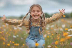 A joyful young girl with braided hair plays in a vibrant flower field, wearing a cozy sweater and denim overalls. photo