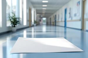 An empty white sheet of paper lies on the floor of a modern hospital corridor, surrounded by bright lighting and a serene atmosphere. photo