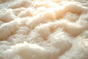Soft and luxurious white faux fur blanket glowing in warm light. photo
