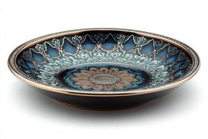 Stunning decorative ceramic bowl with intricate blue and gold patterns, showcasing elegant craftsmanship. photo