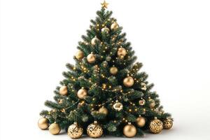 A beautifully decorated Christmas tree adorned with golden ornaments and sparkling lights, creating a festive atmosphere. photo