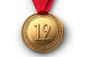 A shiny gold medal featuring the number 12, suspended by a vibrant red ribbon. photo