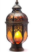 An ornate metal lantern with intricate patterns, casting a warm, amber glow, creating a cozy and inviting atmosphere. photo