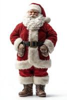 A jolly male Santa Claus with a fluffy white beard, dressed in a traditional red suit and black belt, exuding holiday cheer. photo