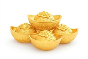 Stack of ornate golden ingots symbolizing wealth and prosperity. photo