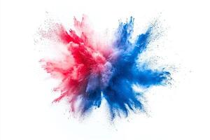 Dynamic explosion of red and blue powder creating an artistic splash against a white background. photo
