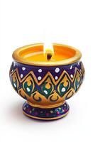 A beautifully designed pot-shaped candle with vibrant colors and intricate patterns, casting a warm glow. photo