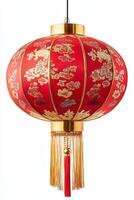 A vibrant red Chinese lantern adorned with golden floral patterns and a decorative tassel. photo