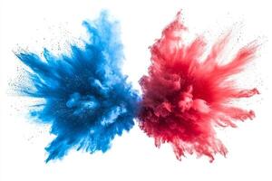 Vibrant blue and red powder explosions creating an artistic swirl against a white background. photo