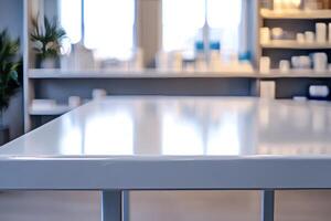Close-up of a sleek, white table in a modern, brightly lit interior space. photo