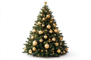 A beautifully decorated Christmas tree adorned with golden ornaments and twinkling lights. photo