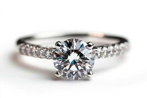 An exquisite silver engagement ring featuring a brilliant round-cut diamond center stone, surrounded by sparkling smaller diamonds. photo
