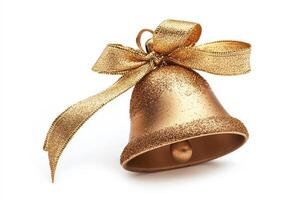 A beautiful gold bell adorned with a shimmering ribbon, perfect for festive celebrations. photo