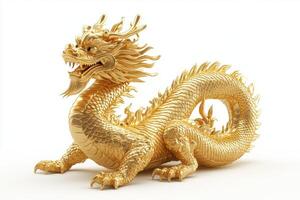 A majestic golden dragon depicted in intricate detail, showcasing its scales and fierce expression against a clean white background. photo