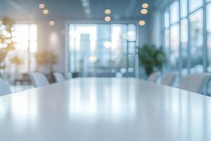 Modern conference room with a large table, bright windows, and a serene atmosphere. photo