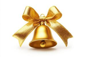 A shiny golden bell adorned with a sparkling ribbon, symbolizing celebration and festivity. photo
