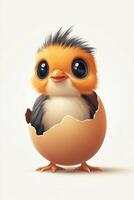 An adorable cartoon chick emerging from its eggshell with big, expressive eyes and vibrant orange feathers. photo
