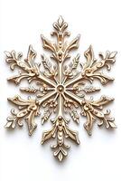 Intricately designed snowflake ornament in elegant gold tones, showcasing floral and leafy patterns. photo