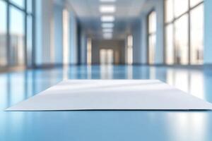 A blank sheet of paper lies on a polished floor in a bright, modern corridor, with natural light streaming in from large windows. photo