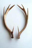 A pair of intricately textured deer antlers displayed against a white background, showcasing natural beauty and detail. photo