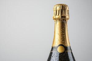 An elegant champagne bottle glistens with droplets of water, symbolizing celebration and luxury. photo