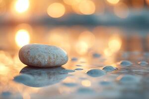 A smooth, pale stone resting on a reflective surface, capturing the warm glow of sunset. photo