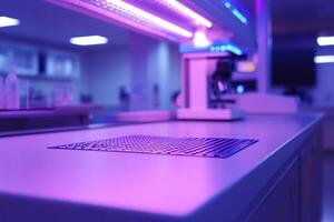 Close-up of a modern laboratory workspace with purple lighting, featuring a microscope and a patterned slide. photo