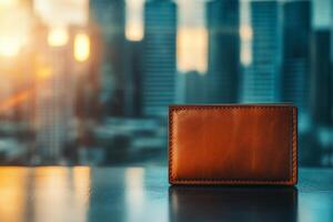 A stylish brown leather wallet on a reflective surface, with a city skyline at sunset blurred in the background. photo