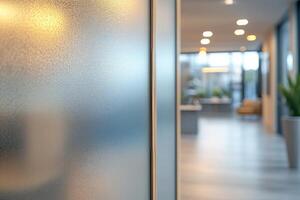 A modern office interior with a frosted glass partition, creating a serene atmosphere filled with natural light. photo