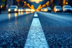 A low-angle shot of a wet road, illuminated by vibrant bokeh lights from passing cars, creating a captivating evening scene. photo