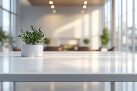 A modern indoor setting featuring a small potted plant on a sleek, marble table, illuminated by soft natural light. photo