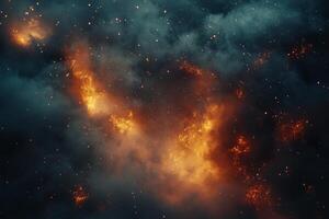 A stunning cosmic scene featuring vibrant orange and dark gray clouds, reminiscent of interstellar gas and stars in deep space. photo