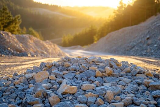 A close-up of gravel on a sunny day, with a winding road and forested hills in the background, showcasing nature's tranquility. photo