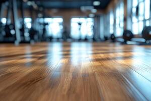 A well-lit gym floor with wooden planks reflecting the bright sunlight. photo