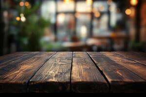 A rustic wooden table in a cozy cafe setting with soft warm lights in the background. photo