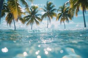 Serene view of turquoise water with palm trees in the background, evoking a peaceful tropical paradise. photo