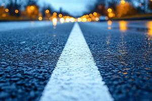 Close-up of a wet road with a white lane line, accentuated by shimmering reflections and blurred lights in the background. photo