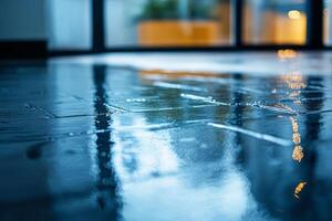 A serene view of a wet floor reflecting soft blue hues and warm bokeh lights in a modern interior ambiance. photo