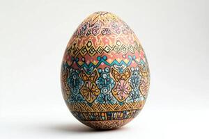 A beautifully crafted decorative Easter egg with intricate patterns and vibrant colors. photo