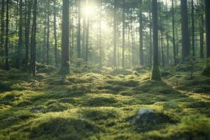 Serene forest landscape bathed in soft morning light, highlighting lush greenery and moss-covered ground. photo
