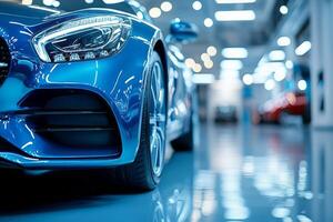 Close-up of a sleek blue luxury car in a bright showroom, showcasing its modern design and glossy finish. photo