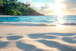 A serene beach scene with sandy shores and gentle ocean waves at sunset, creating a tranquil atmosphere. photo