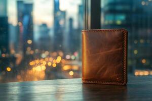 A sleek brown leather wallet positioned on a wooden table against a blurred cityscape backdrop. photo