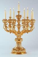 Elegant golden candelabra with six lit candles, showcasing intricate designs and a luxurious finish. photo