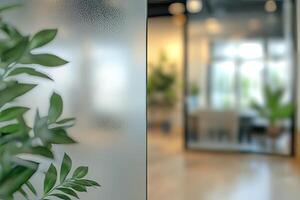 A softly blurred office space with greenery, creating a serene and modern atmosphere. photo